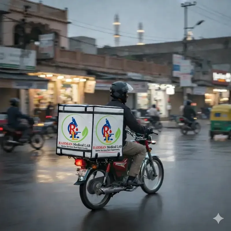 Rahman Medical Lab home sample collection — branded bike delivery across Gujranwala